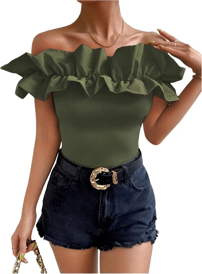 Ruffle Trim Off Shoulder Short Sleeve Blouse Tops Shirt by OYOANGLE, photograph 3 of 4