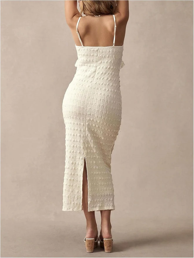 Maternity Textured Spaghetti Strap Dress Apricot by OYOANGLE