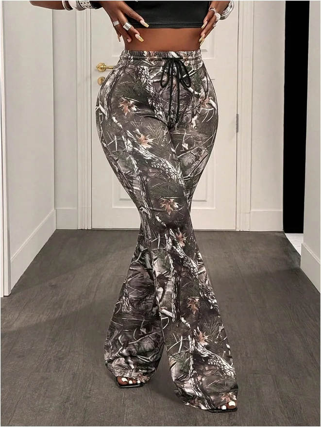 Y2K Camo Print Flare Pants Drawstring High Waisted Skinny Bell by OYOANGLE