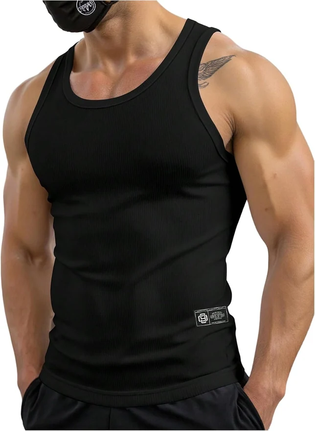 Letter Patched Sleeveless Tank Top Ribbed Knit Crew Neck Sports by OYOANGLE