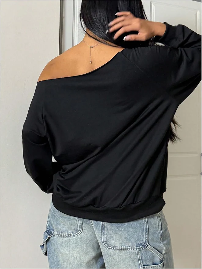 Plus Size Off The Shoulder Long Sleeve Sweatshirt Pullover by OYOANGLE, photograph 2 of 4