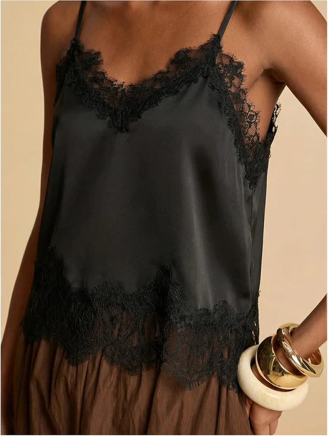 Y2K Satin Lace Trim Cami Top Summer Going Out Tank Tops by OYOANGLE, photograph 2 of 4