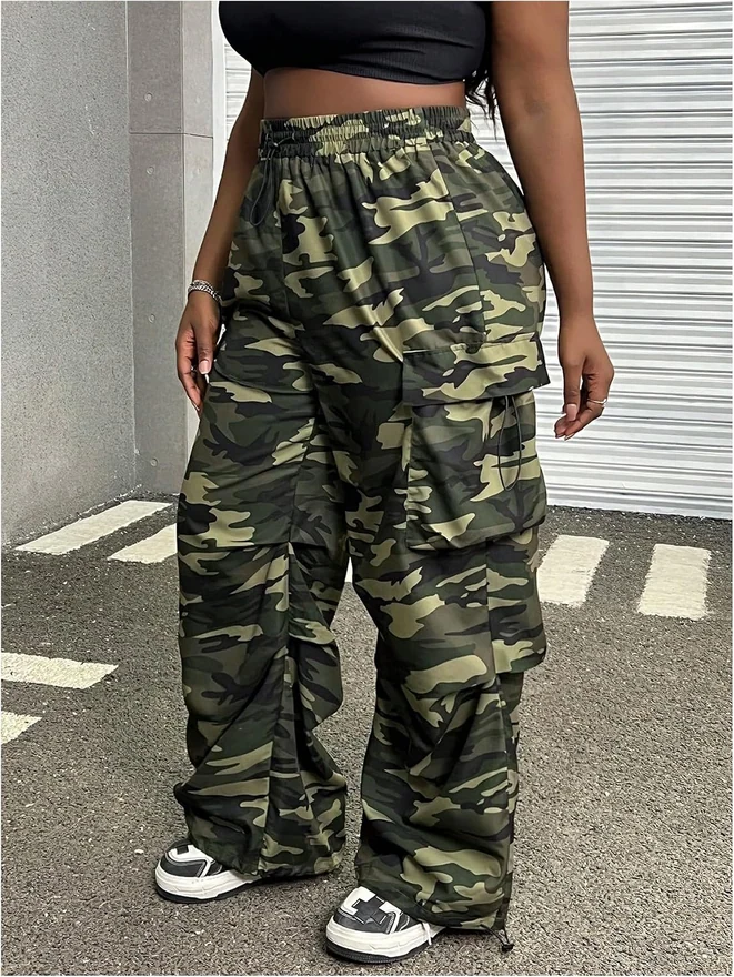 Plus Size Camo Cargo Pants Elastic Waist Wide Leg Trousers by OYOANGLE, photograph 2 of 4