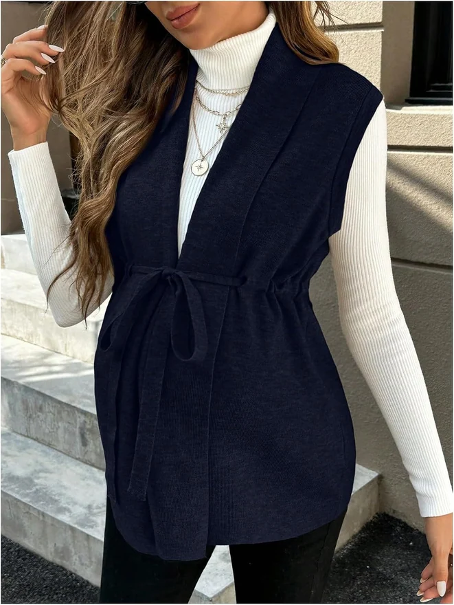 Maternity Elegant Business Casual Sweater Vest Dark Blue by OYOANGLE, photograph 2 of 4