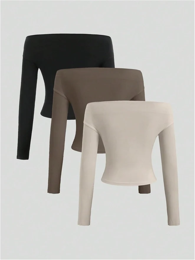 3 Pack Long Sleeve Off The Shoulder Tops Ruched Slim Fitted by OYOANGLE, photograph 2 of 4
