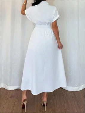 Short Sleeve Button Up Long Shirtdress Ruched Collar Business in White
