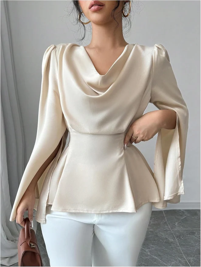 Cowl Neck Long Sleeve Satin Blouse Apricot by OYOANGLE, photograph 4 of 4