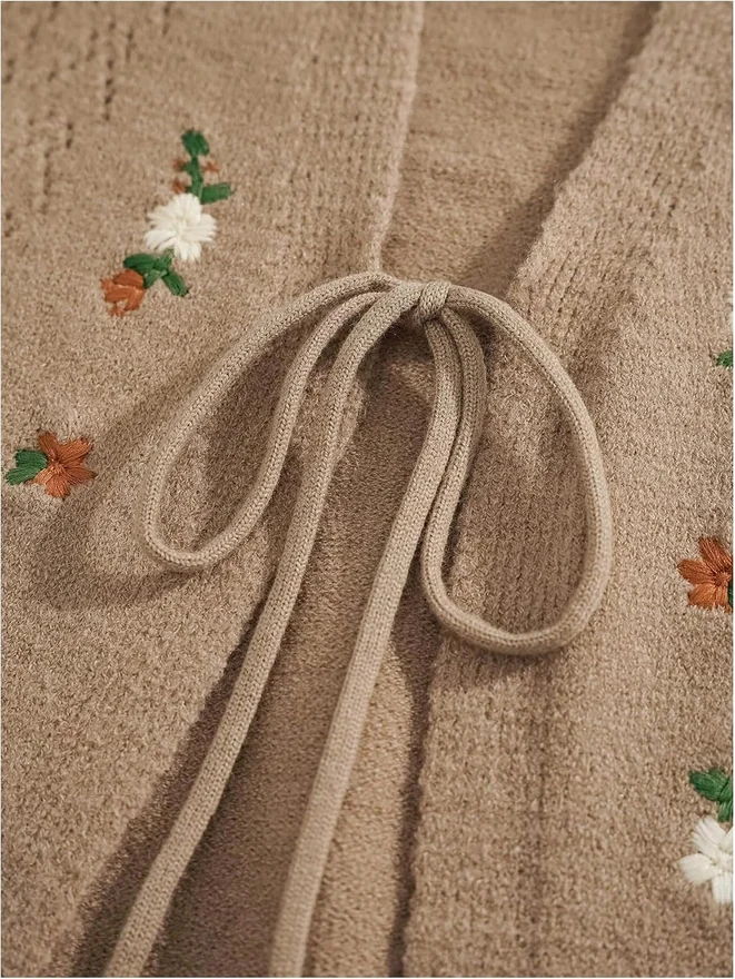 Floral Embroidered Tie Front Sweater Vest Khaki by OYOANGLE, photograph 4 of 4