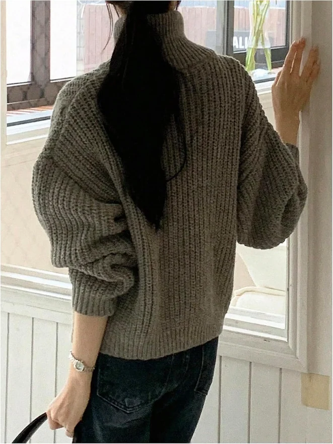 Zip Up Cable Knit Cardigan Sweater Long Sleeve Oversized by OYOANGLE, photograph 3 of 4