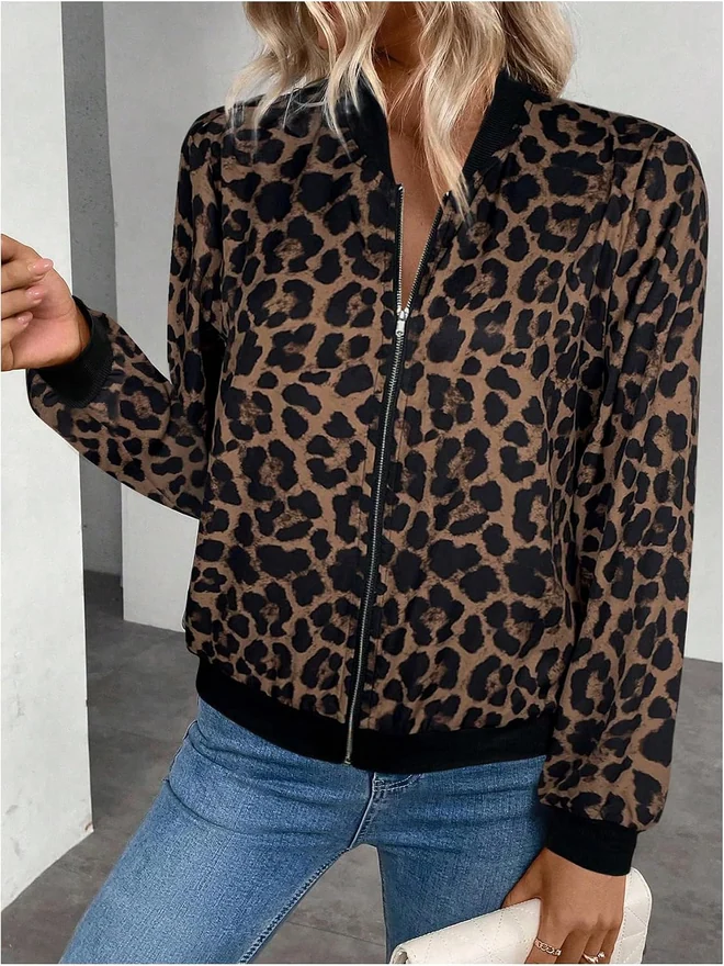 Cheetah Print Zip Up Jacket Long Sleeve Casual Lightweight by OYOANGLE, photograph 2 of 4