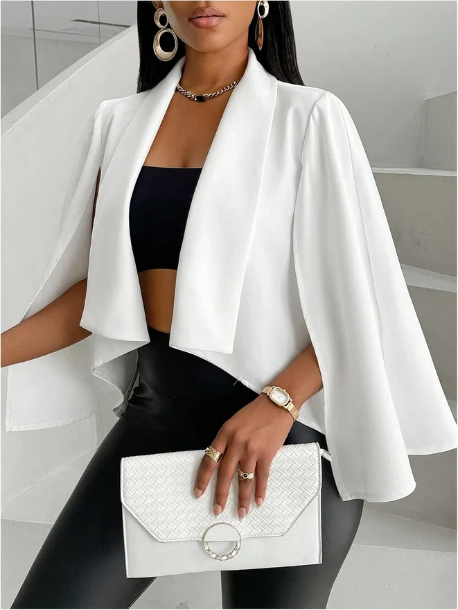 Cape Blazer Long Sleeve Cropped Blazers Jacket Coat Work by OYOANGLE, photograph 4 of 4