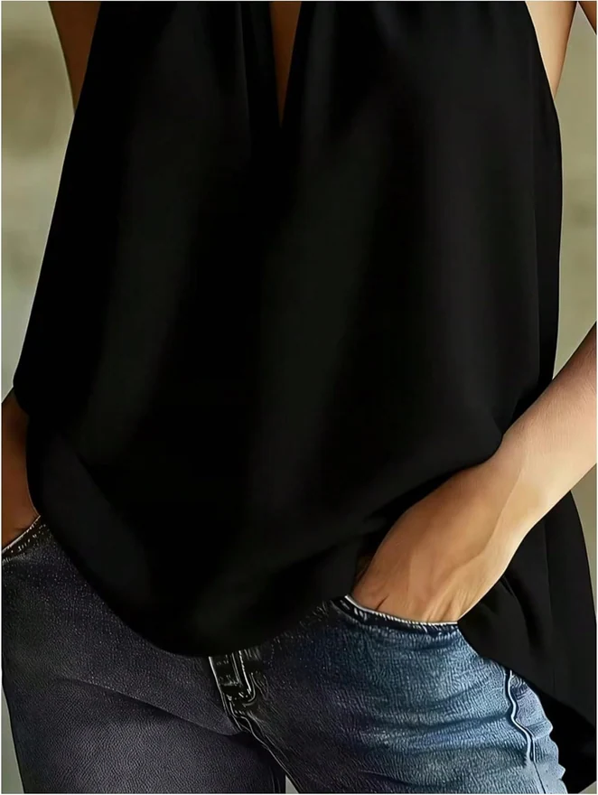 Sleeveless Cowl Neck Backless Dressy Halter Blouse Black by OYOANGLE, photograph 4 of 4
