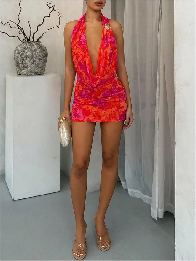 Y2K Deep V Neck Dress Floral Halter Bodycon Mini Dress Red by OYOANGLE, photograph 2 of 3