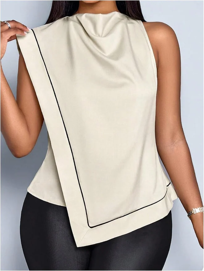 Wrap Draped Front Dress Shirt Sleeveless Cowl Neck Blouse by OYOANGLE, photograph 4 of 4