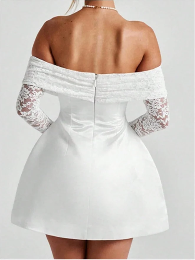 Floral Lace Off The Shoulder Dress Cocktail Mini Dresses White by OYOANGLE, photograph 3 of 4