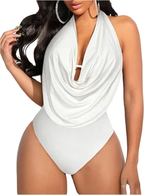 Draped Halter Bodysuits Backless Tank Top Bodysuit in White