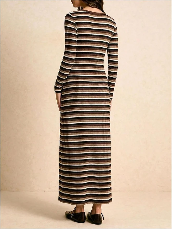 Striped Sweater Dress Long Sleeve Crew Neck Bodycon Pencil Long by OYOANGLE, photograph 2 of 3