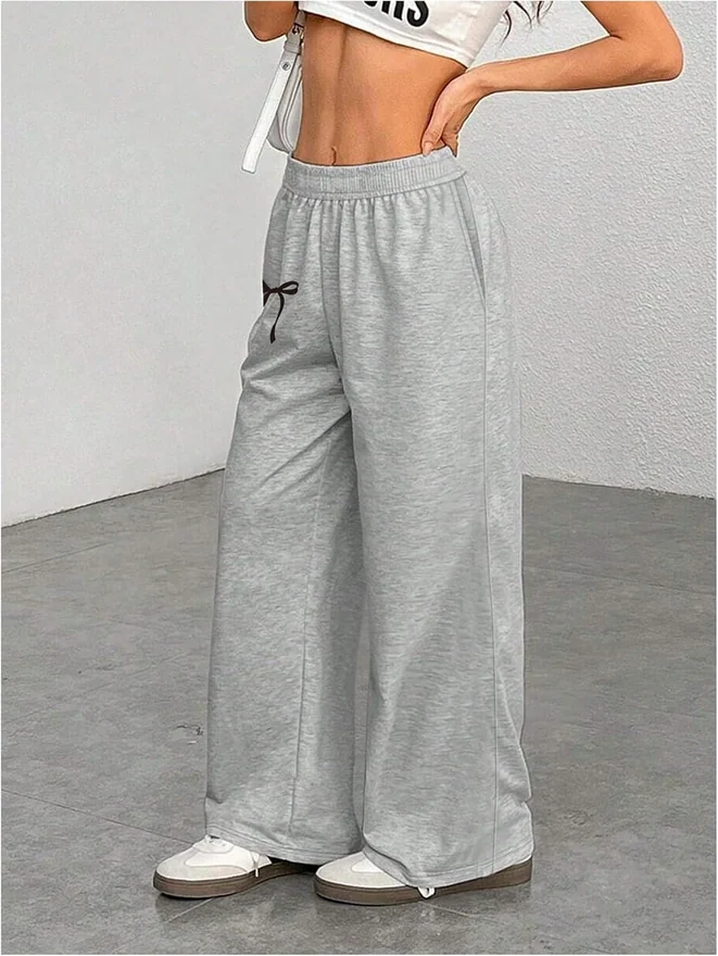 Girl's Bow Print Elastic High Waist Teen Sweatpants Grey by OYOANGLE, photograph 3 of 3