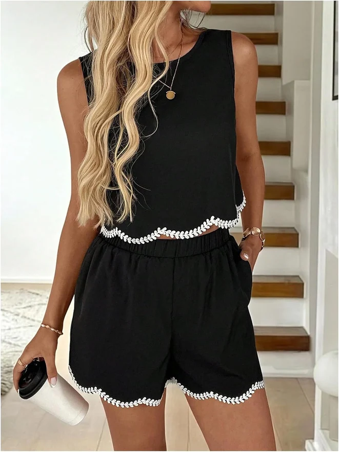 2 Piece Summer Sets Embroidered Crop Tank Top and Shorts by OYOANGLE, photograph 2 of 4