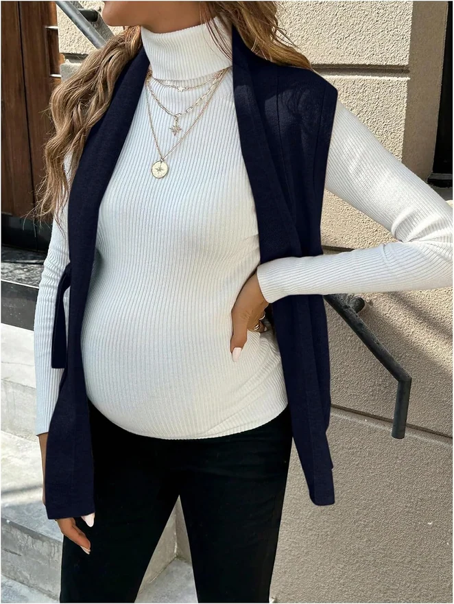 Maternity Elegant Business Casual Sweater Vest Dark Blue by OYOANGLE, photograph 4 of 4