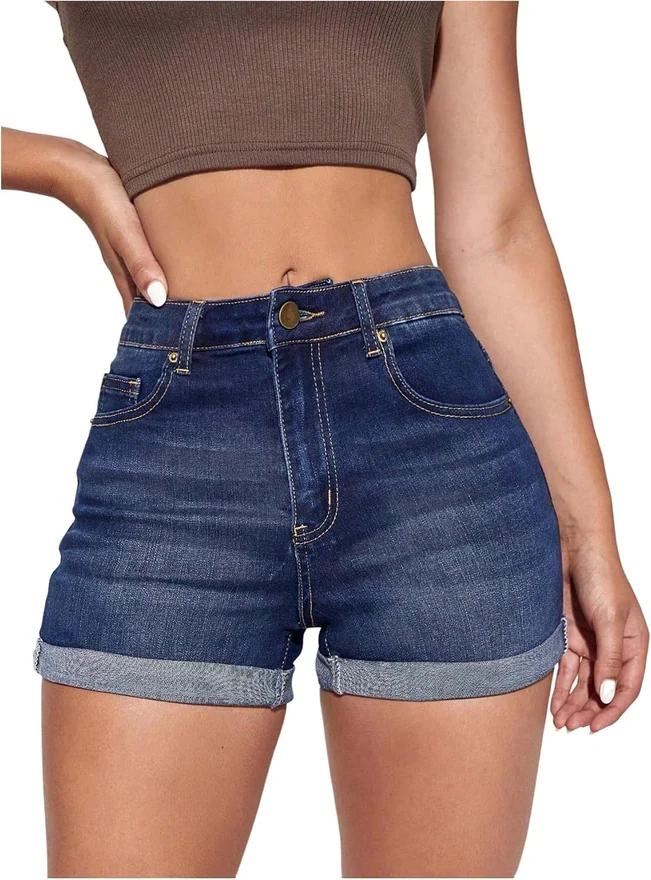 Denim Shorts Cuffed Hem Stretchy Mid Rise Jean Shorts by OYOANGLE