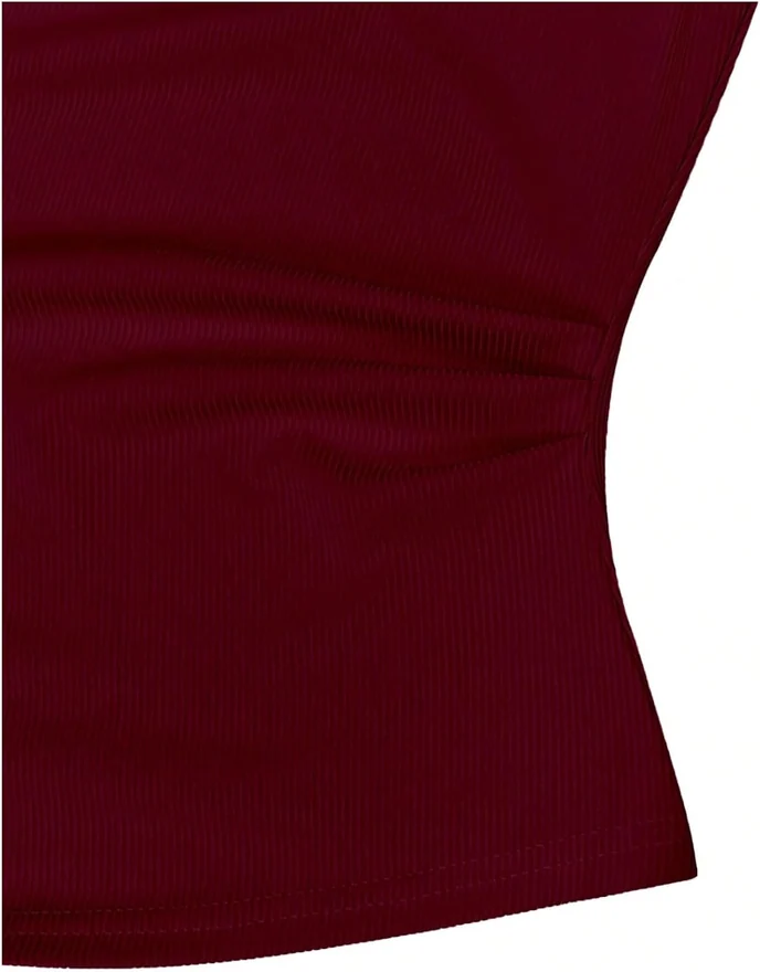 Short Sleeve Ribbed Tops Asymmetrical Neck Fitted Ruched Dressy by OYOANGLE, photograph 4 of 4