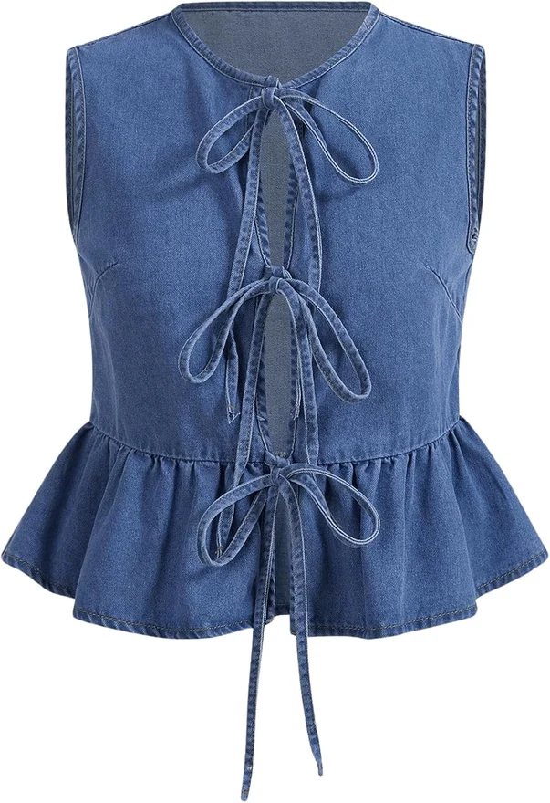 Plus Size Denim Tie Front Vest Sleeveless Jean Jackets by OYOANGLE