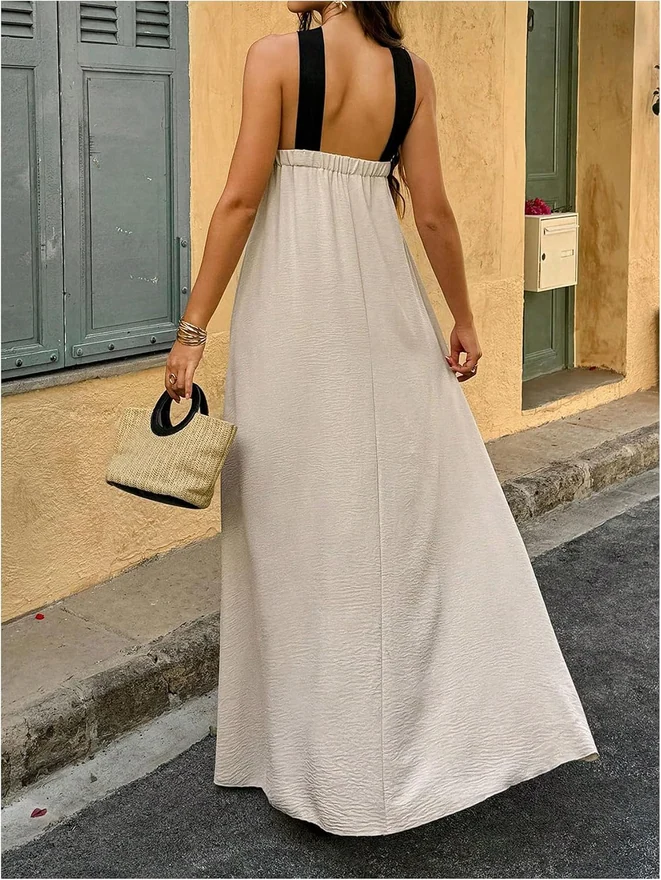 Color Block Criss Cross Sleeveless Flowy Maxi Dress Khaki by OYOANGLE