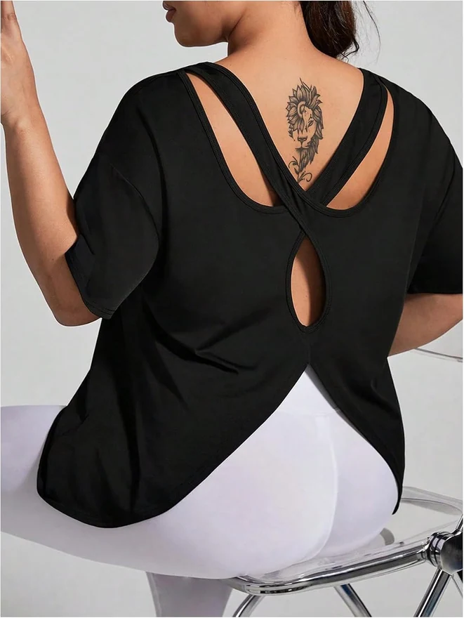 Plus Size Open Back Workout Tops for Women Athletic Tee Top by OYOANGLE, photograph 2 of 4
