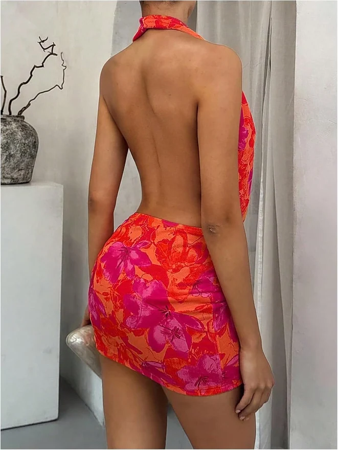 Y2K Deep V Neck Dress Floral Halter Bodycon Mini Dress Red by OYOANGLE