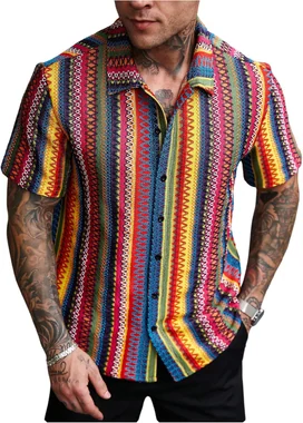 Textured Jacquard Button Down Shirts Tropical Beach Shirt in Red Yellow