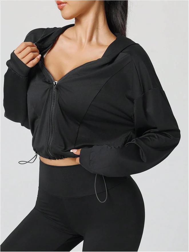 Zip Up Hoodie Jackets Long Sleeve Lightweight Workout Cropped by OYOANGLE, photograph 4 of 4
