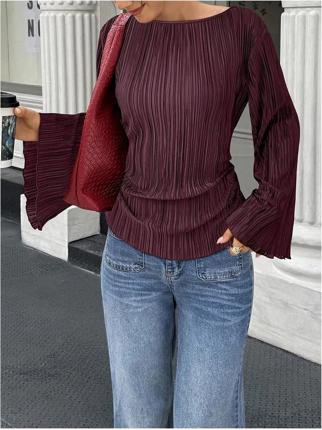 Cinched Waist Tops Bell Long Sleeve Going Out Work Blouse by OYOANGLE, photograph 3 of 4