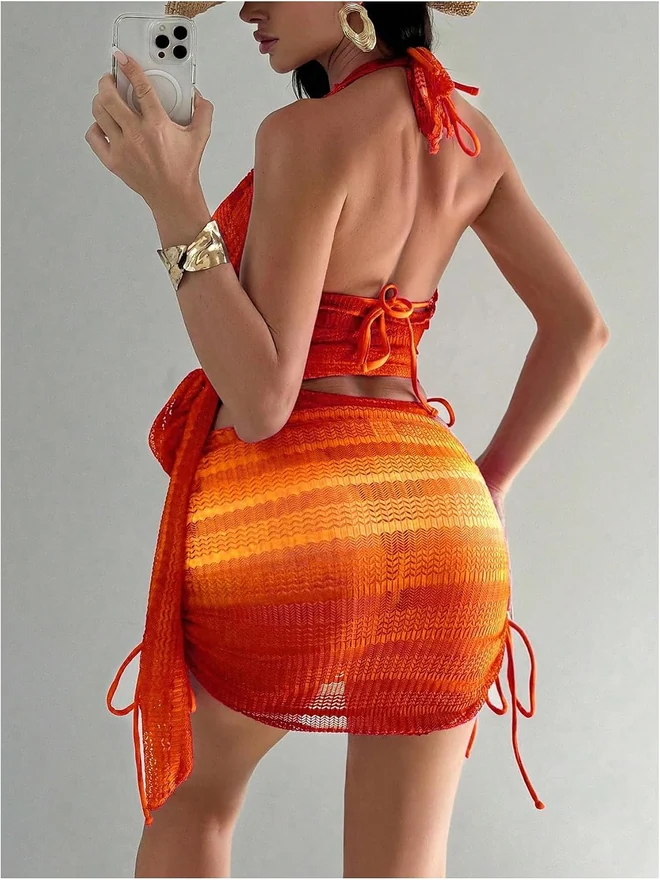 4 Piece Crochet Swimsuits Halter Bikini Set with Cover Ups by OYOANGLE, photograph 2 of 4