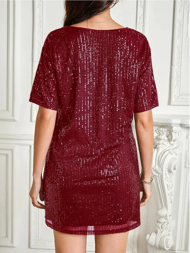 Sequin Sparkly Short Sleeve Tunic Tshirt Dress Loose Glitter by OYOANGLE