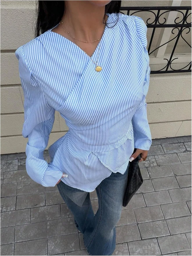 Cross Wrap Tie Back Long Sleeve Shirt Striped Dressy Blouse by OYOANGLE, photograph 2 of 4