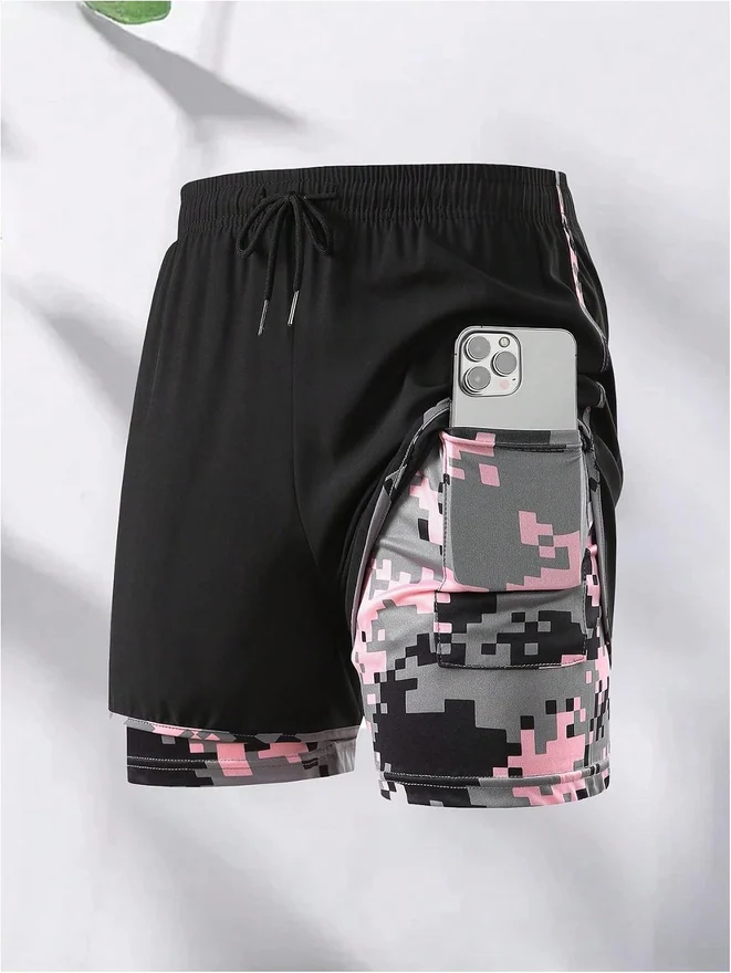 2 in 1 Running Shorts with Liner Pocket Camo Print Gym Workout by OYOANGLE, photograph 3 of 4