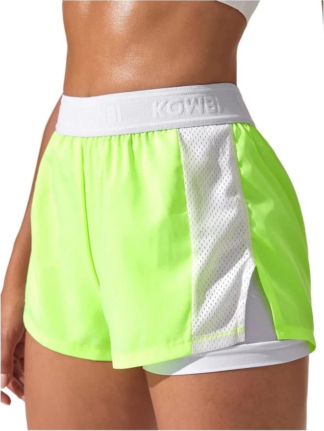 2 in 1 Running Shorts High Waisted Workout Athletic Shorts Neon by OYOANGLE