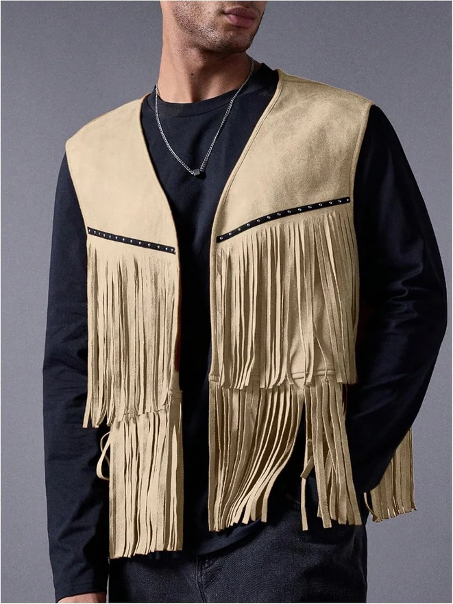 Casual Suede Top Shirt Boho Fringe Trim Open Front Sleeveless by OYOANGLE, photograph 3 of 4