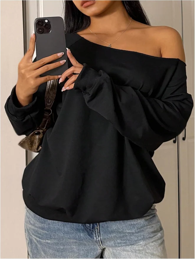 Plus Size Off The Shoulder Long Sleeve Sweatshirt Pullover by OYOANGLE, photograph 3 of 4