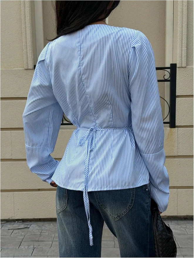Cross Wrap Tie Back Long Sleeve Shirt Striped Dressy Blouse by OYOANGLE, photograph 3 of 4