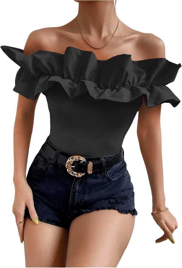 Ruffle Trim Off Shoulder Long Sleeve Blouse Party Tops Shirt by OYOANGLE, photograph 4 of 4