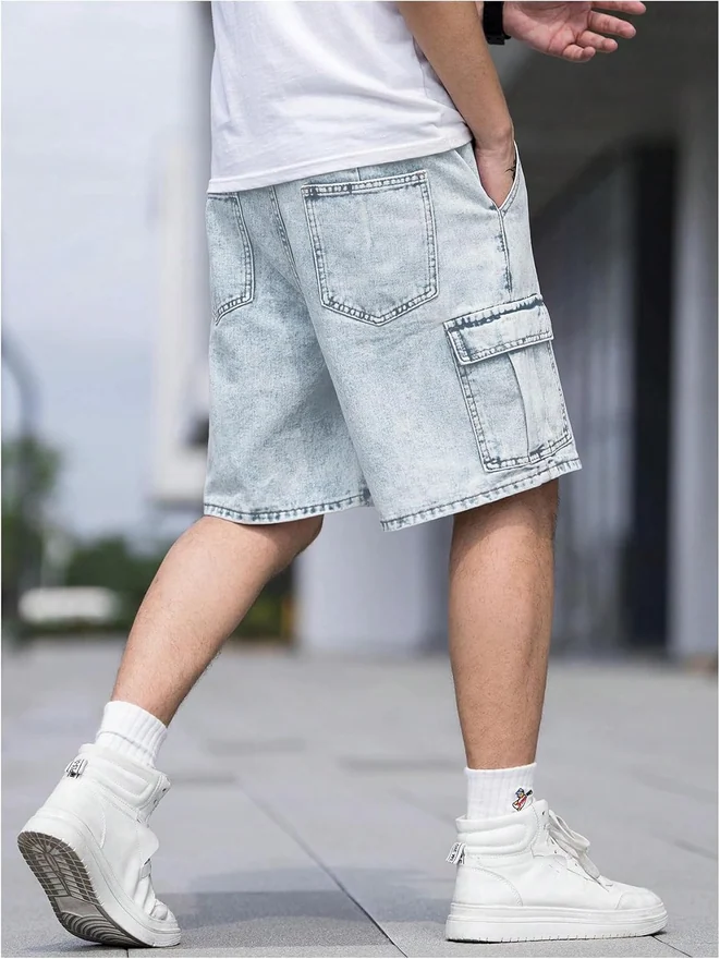 Drawstring Waist Cargo Jean Denim Shorts with Flap Pockets by OYOANGLE, photograph 2 of 4