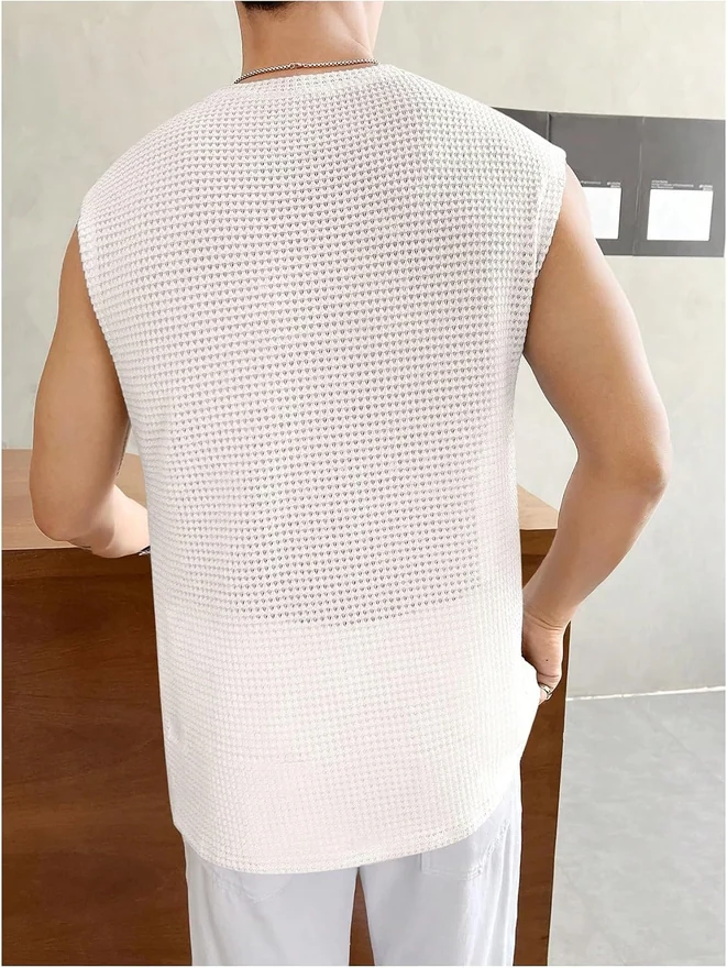 Waffle Knit Sleeveless Tank Top Crew Neck Hippie Shirts by OYOANGLE