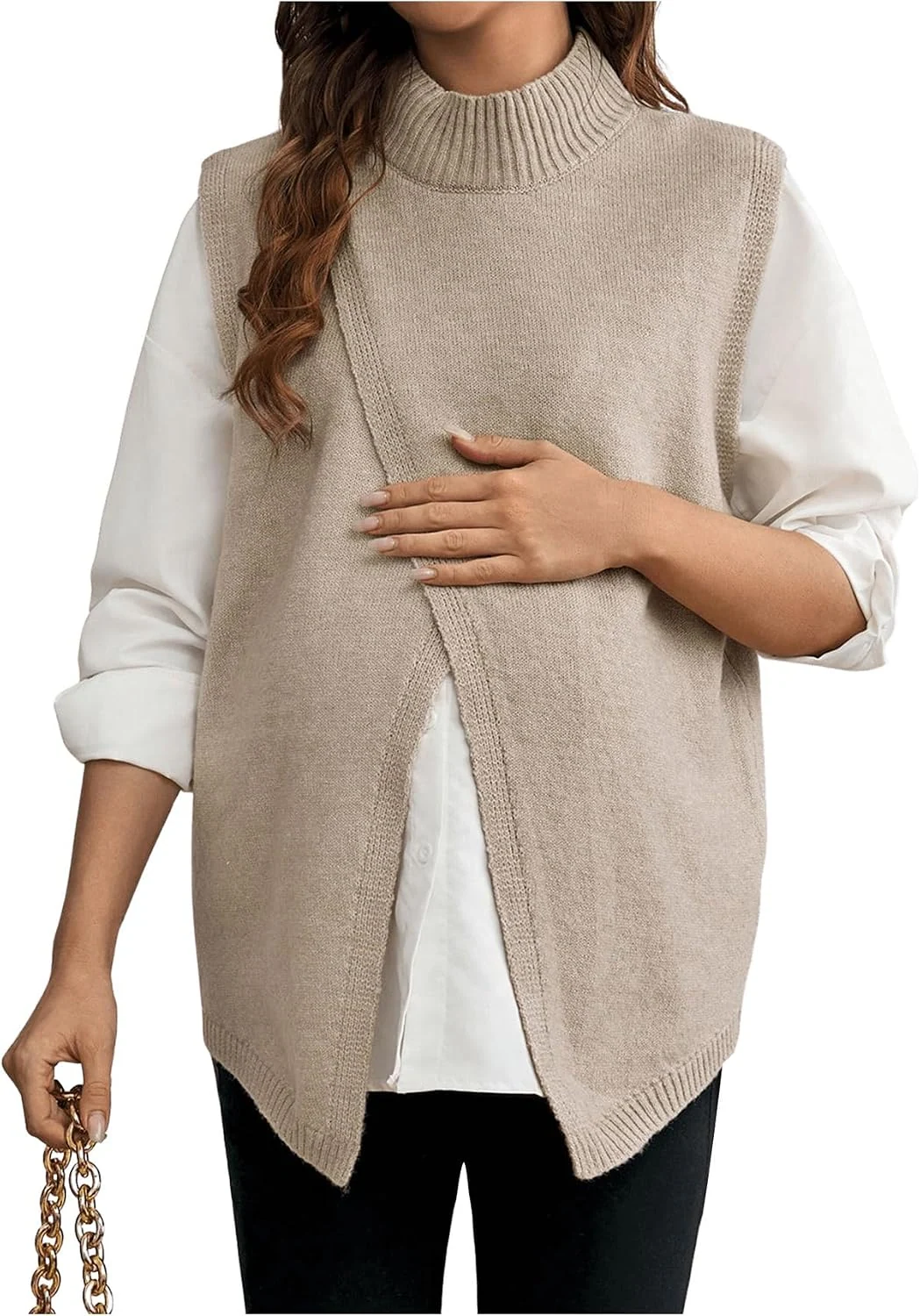 Maternity Sweater Vest Sleeveless Mock Neck Split Hem Pregnancy by OYOANGLE, photograph 1 of 4