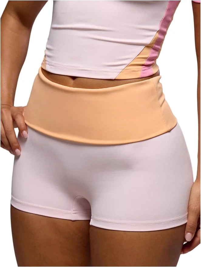 High Waisted Tummy Control Booty Biker Shorts Color Block by OYOANGLE