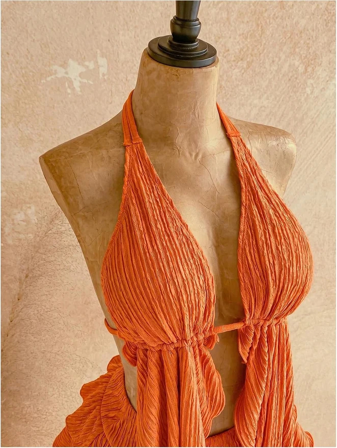 2 Piece Set Halter Deep V Neck Top and Layered Ruffle Mini Skirt by OYOANGLE