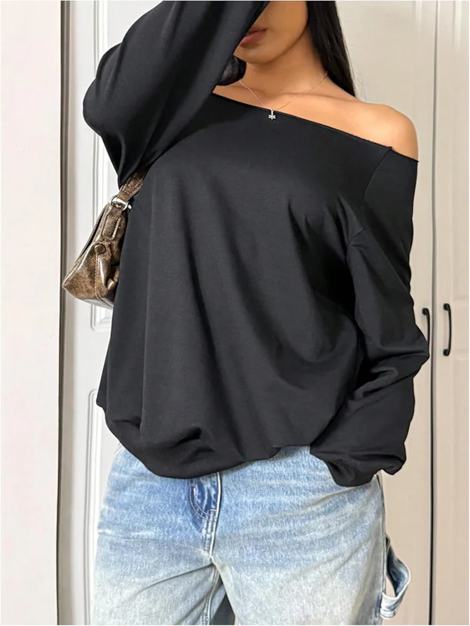 Plus Size Off The Shoulder Long Sleeve Sweatshirt Pullover by OYOANGLE, photograph 4 of 4