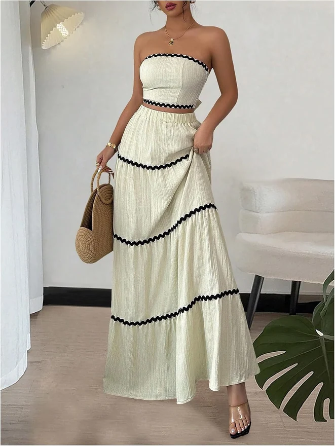 2 Piece Outfits Bandeau Crop Top and Flowy Maxi Skirt Set by OYOANGLE, photograph 2 of 3