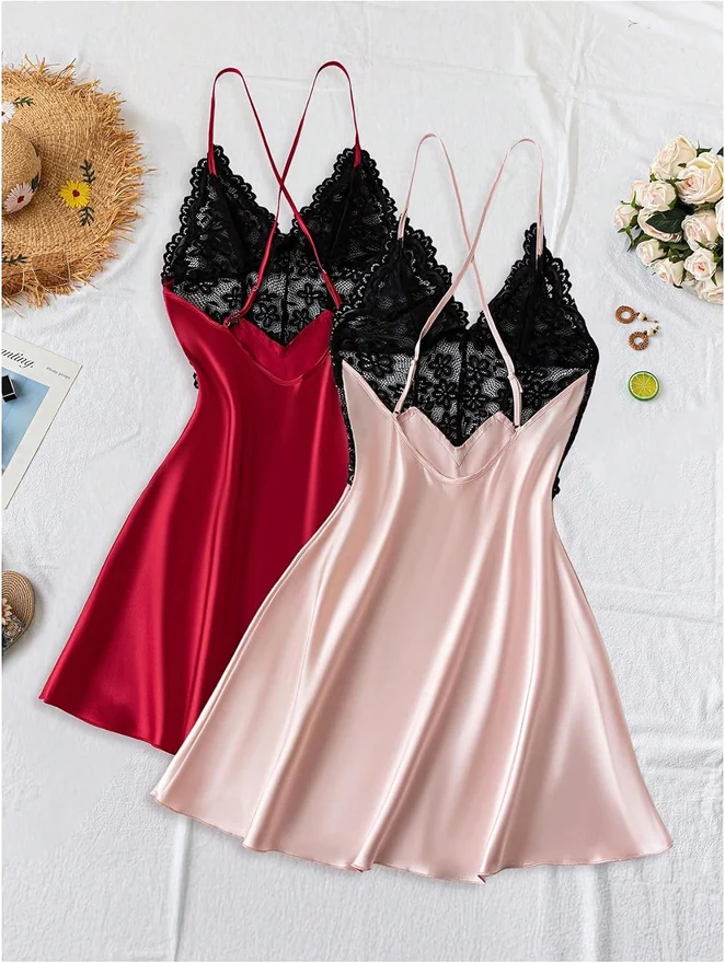 2 Pack Satin Nightgowns Lace Trim Criss Cross Spaghetti Strap by OYOANGLE, photograph 2 of 4